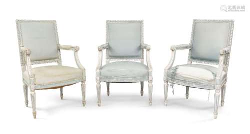 A set of three Louis XVI style fauteuil, circa 1900, with bl...