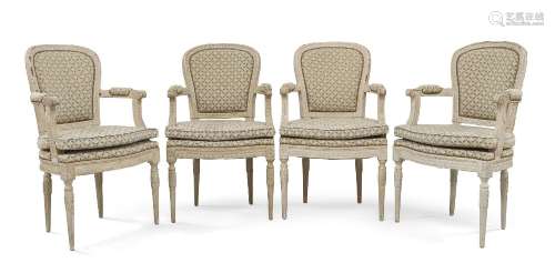 A set of four Louis XVI style fauteuil, the carved frames pa...