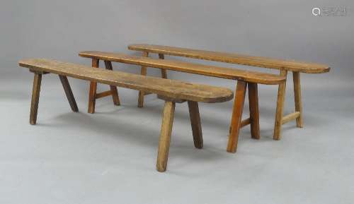 A French rustic oak bench, early to mid 20th Century, the re...