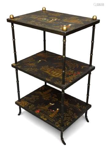 A Chinoiserie three tier etagere, late 20th century, the rec...