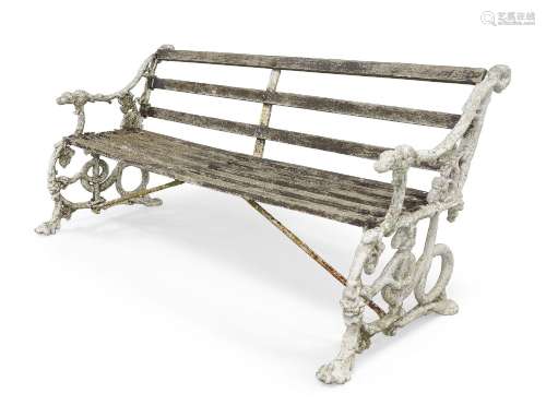 A late Victorian cast aluminium garden bench, the frame pain...