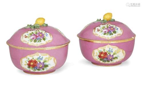A pair of Continental porcelain puce-ground bowls and covers...