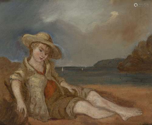 G. Moreau, French, late 19th century- Boy seated on a beach;...