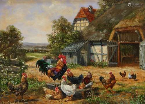 Adolf Lohmann, German b.1928- Farmyard scene with chickens; ...