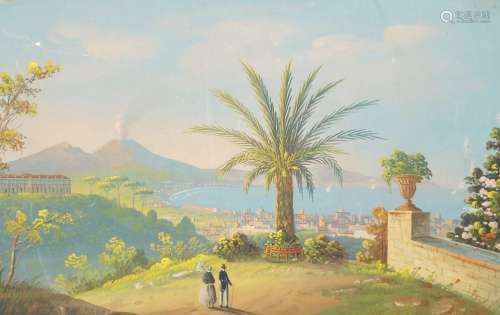 Neapolitan School, 19th century- View of Naples with Vesuviu...