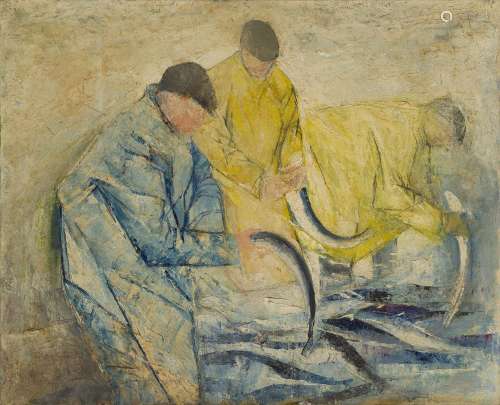 Robin Wylie, Irish, late-20th century- Three fishermen (with...
