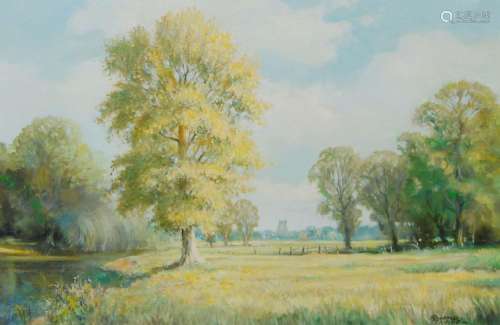 Roland Davies, British 1904-1993- Riverside landscape; oil o...