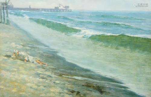 Emil Bruno, Austrian 1868-1940- Beach scene with a figure re...