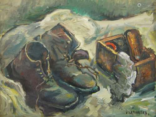 Gervais Leterreux, French 1930-2003- Still life with boots a...