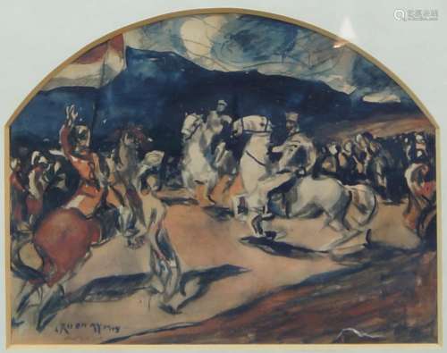Gyula Rudnay, Hungarian 1878-1957- Battle on horseback; penc...