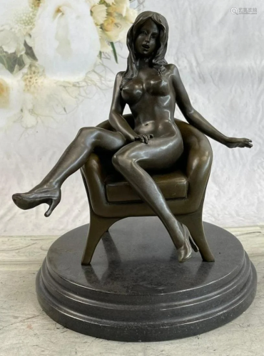 Bronze And Marble Sexy Nude Woman Posing On Chair Sculpture