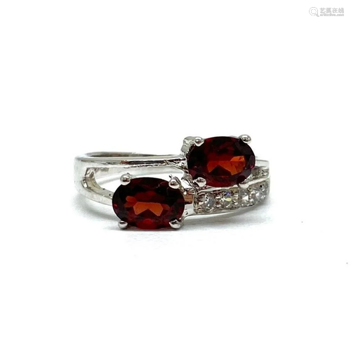 925 Sterling Silver Ring with Double Garnet Stones Surrounde...