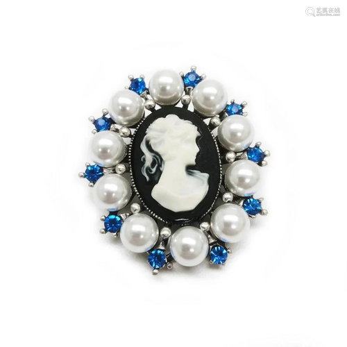 Blue Rhinestone And White Pearl Cameo Broach