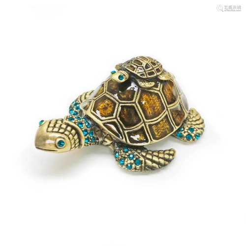 Enameled & Bejeweled Mother & Baby Sea Turtle Ring B...