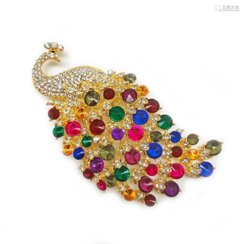 Large Royal Multi-Color Jewel Peacock Broach
