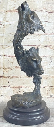 Two wolves Howling To The Moon Bronze Sculpture