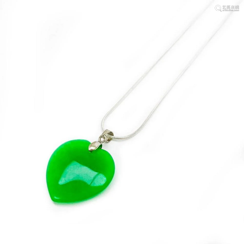 Chinese Green Jade Heart Pendant On 925 Necklace