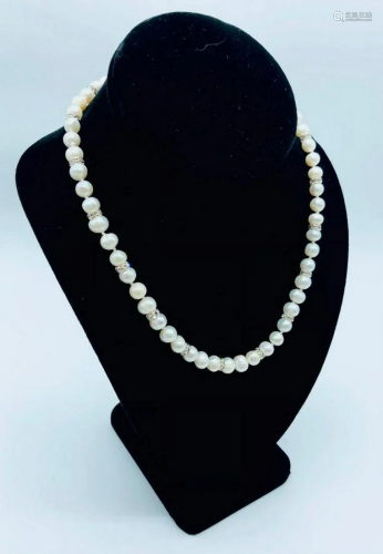 17" Natural White Akoya 54 Pearl Necklace With CZ Diamo...