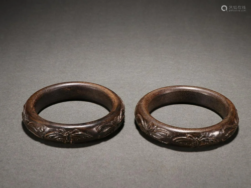 TWO CHINESE AGARWOOD BANGLES WITH CARVED 'BUTTERFLY AND...