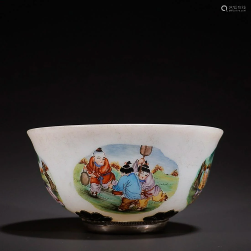 CHINESE SILVER-MOUNTED POLYCHROME ENAMEL BOWL DEPICTING ...