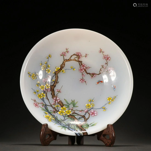 CHINESE PAINTED-ENAMEL GLASS CHARGER DEPICTING 'PRUNUS&...