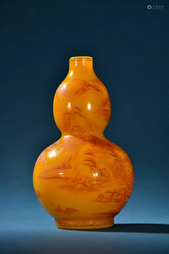 CHINESE YELLOW GLASS DOUBLE-GOURD VASE DEPICTING 'FIGUR...