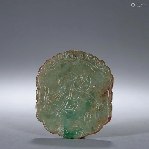 CHINESE JADEITE PLAQUE WITH CARVED 'FIGURE'