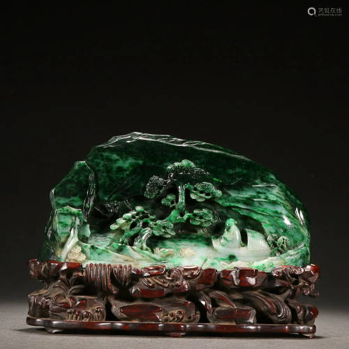 CHINESE JADEITE ORNAMENT WITH CARVED 'FIGURE IN A LANDS...