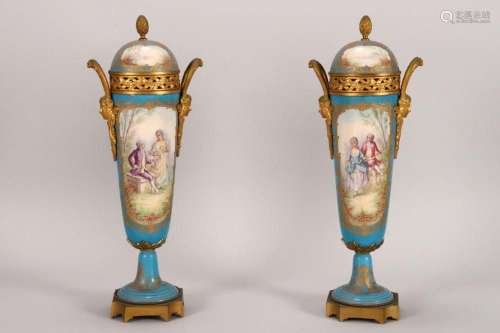 Large Pair of Sevres Twin Handled Porcelain Mantle