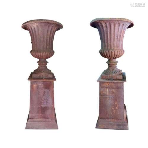 Large and Impressive Pair Cast Iron Pedestal Urns,