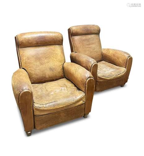 Pair French Leather Armchairs,