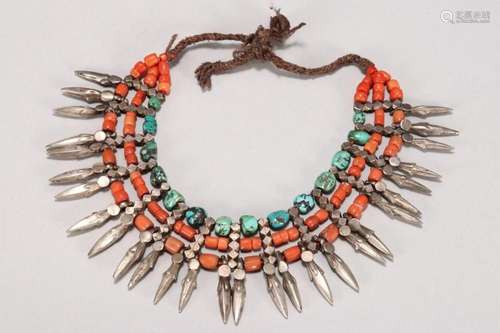 Vintage Turquoise, Coral and Silver Necklace,