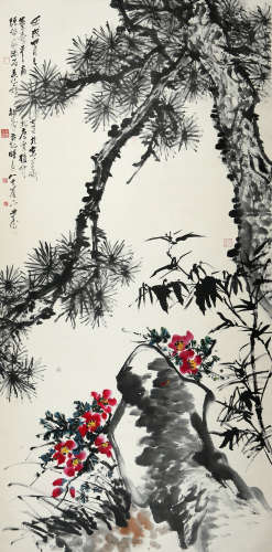 陈佩秋 王个簃 朱屺瞻 董寿平等合作 苍松花卉 设色纸本立轴