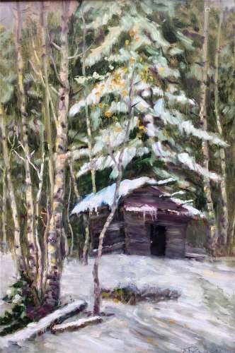 Shack in the forest oil painting