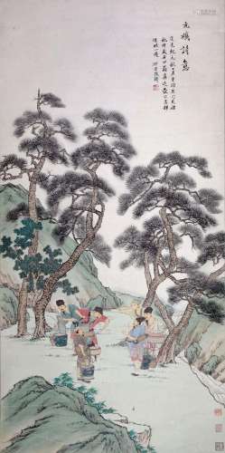 CHINESE SCROLL PAINTING OF MEN IN MOUNTAIN SIGNED BY GAIQI