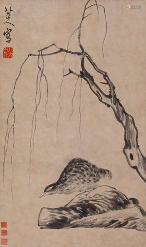 CHINESE SCROLL PAINTING OF BIRD UNDER TREE SIGNED BY BADASHA...
