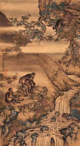 CHINESE SCROLL PAINTING OF MONKEY IN MOUNTAIN SIGNED BY SHEN...