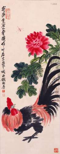 CHINESE SCROLL PAINTING OF ROOSTER AND FLOWER SIGNED BY QI B...