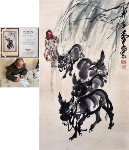 CHINESE SCROLL PAINTING OF GIRL WITH DONKEY SIGNED BY HUANGZ...