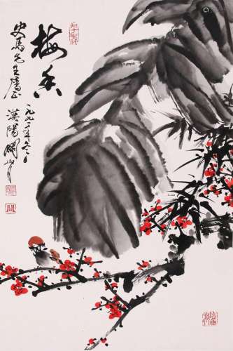 CHINESE SCROLL PAINTING OF BIRD AND FLOWER SIGNED BY GUAN SH...