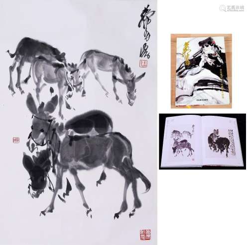 CHINESE SCROLL PAINTING OF DONKEY SIGNED BY HUANGZHOU WITH P...