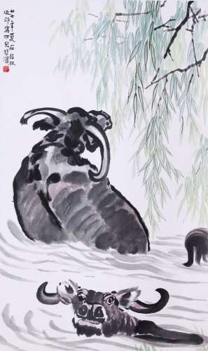 CHINESE SCROLL PAINTING OF OX IN RIVER SIGNED BY XU BEIHONG