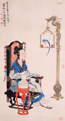 CHINESE SCROLL PAINTING OF BEAUTY WITH BIRD SIGNED BY XUCAO