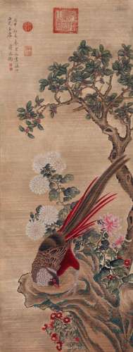 CHINESE SCROLL PAINTING OF BIRD AND FLOWER SIGNED BY JIANG T...