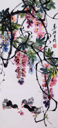 CHINESE SCROLL PAINTING OF DUCK AND FLOWER SIGNED BY LOU SHI...