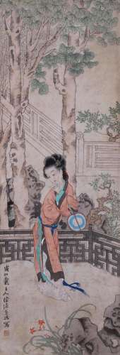 CHINESE SCROLL PAINTING OF BEAUTY IN GARDEN SIGNED BY XUCAO