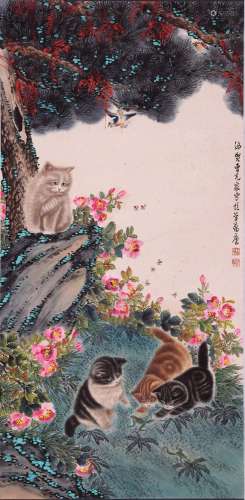 CHINESE SCROLL PAINTING OF CAT AND FLOWER SIGNED BY CAO KEJI...