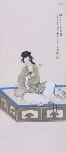 CHINESE SCROLL PAINTING OF BEAUTY ON BED SIGNED BY ZHENG SHI...