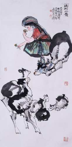 CHINESE SCROLL PAINTING OF GIRL WITH SHEEP SIGNED BY CHENG S...