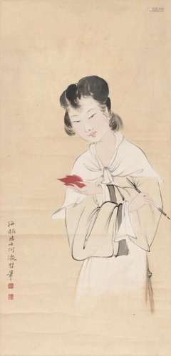 HE HAIXIA(1908-1998)  Lady Writing on Maple Leaf